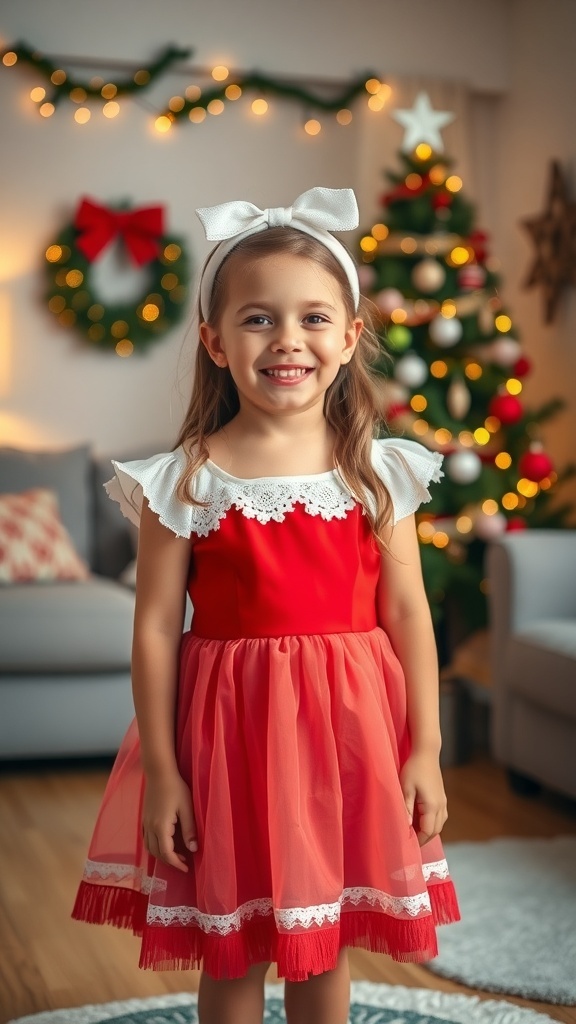 A young girl in a red and white Christmas dress with a headband, smiling in a decorated living room.